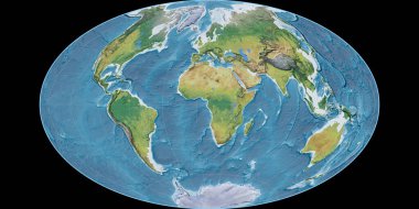 Gott Equal-Area projeksiyonundaki dünya haritası 11 Doğu boylamı üzerine kuruludur. Ana fizyolojik manzara özellikleri. Raster 'ın ham bileşimi. 3B illüstrasyon
