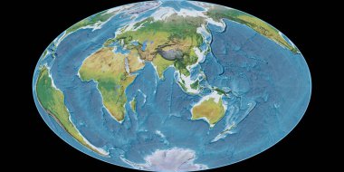 Gott Equal-Area projeksiyonundaki dünya haritası 90 Doğu boylamına odaklı. Ana fizyolojik manzara özellikleri. Raster 'ın ham bileşimi. 3B illüstrasyon