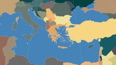 Yunanistan ve komşuları. Uzak eğimli perspektif - özet yok. idari bölümlerin renk haritası