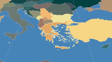 Yunanistan ve komşuları. Uzak eğimli perspektif - şekil çizilmiş. idari bölümlerin renk haritası