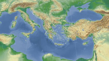 Yunanistan ve komşuları. Uzak eğimli perspektif - özet yok. renk fiziksel haritası