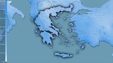 Yunanistan bölgesinin en soğuk çeyreğinin efsanevi stereografik projeksiyonla yağışı - koyu parlak dış hatlı raster tabakalarının ham bileşimi