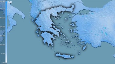 Yunanistan bölgesinin en nemli ayının efsanevi stereografik projeksiyonla yağışı - koyu parlak dış hatlı raster tabakalarının ham bileşimi