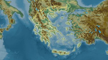 Stereografi projeksiyonunda Yunanistan 'ın topoğrafik yardım haritası üzerinde - ışık saçan ana hatlı raster tabakalarının ham bileşimi