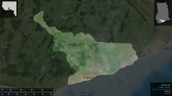 Central, region of Ghana. Satellite imagery. Shape presented against its country area with informative overlays. 3D rendering