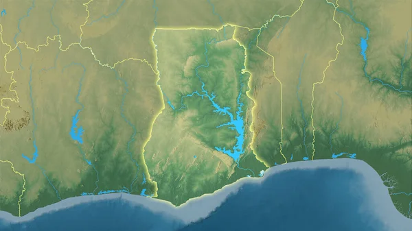 Stereografik Projeksiyondaki Topoğrafik Yardım Haritasında Gana Bölgesi Işık Saçan Ana — Stok fotoğraf