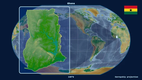 Увеличенный Вид Ганы Перспективными Линиями Против Глобальной Карты Каврайской Проекции — стоковое фото