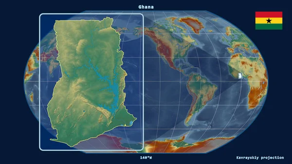 Увеличенный Вид Ганы Перспективными Линиями Против Глобальной Карты Каврайской Проекции — стоковое фото