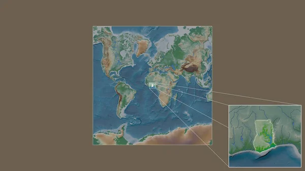 从世界大比例尺地图中提取的扩大和扩大的加纳地区 其主要线连接了框架的各个角落 彩色物理图 — 图库照片