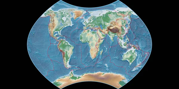 Mapa Świata Projekcji Ginzburga Skupiona Wschodniej Długości Geograficznej Kolorowy Zacieniacz — Zdjęcie stockowe