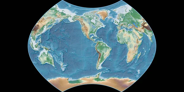 Mapa Świata Projekcji Ginzburga Skupiona Zachodniej Długości Geograficznej Kolorowy Cień — Zdjęcie stockowe