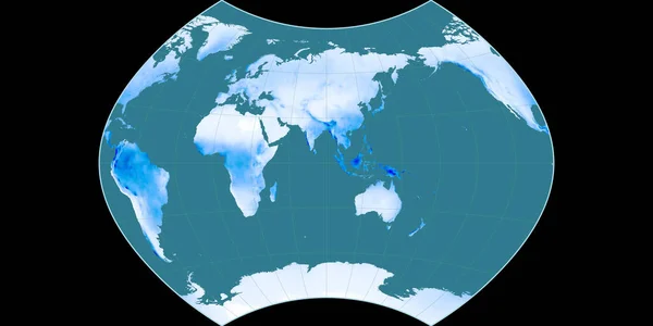 金茨堡九世的世界地图投影以东经90度为中心 平均年降水量图 具有满意效果的栅格原料复合材料 3D插图 — 图库照片