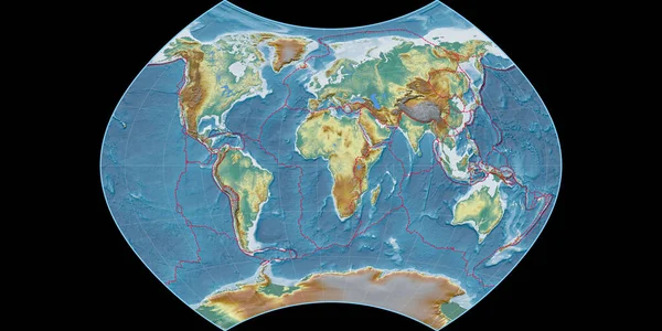 Světová Mapa Projekci Ginzburg Soustřeďuje Východní Délky Topografická Reliéfní Mapa — Stock fotografie