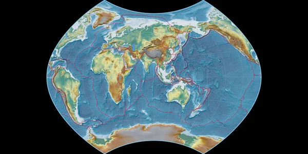 Světová Mapa Projekci Ginzburg Soustřeďuje Východní Délky Topografická Reliéfní Mapa — Stock fotografie