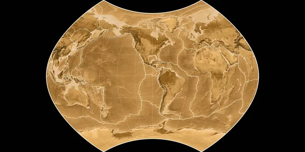 金茨堡九世的世界地图投影以西经90度为中心 塞皮亚浅色的高程图 具有满意和构造板块边界的栅格组合物 3D插图 — 图库照片