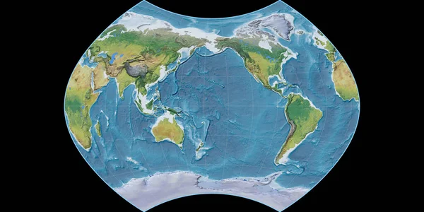 World Map Ginzburg Projection Centered 170 West Longitude Main Physiographic — Stock Photo, Image