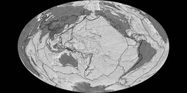 西の経度170度を中心としたゴットエアラプロジェクションの世界地図 ビレベル地形図 粒状プレートと地殻プレートの境界線とラスターの複合体 3Dイラスト — ストック写真