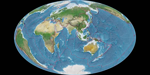 東経90度を中心としたゴット等価領域投影における世界地図 衛星画像A 格子プレートと地殻プレートの境界を持つラスターの複合体 3Dイラスト — ストック写真