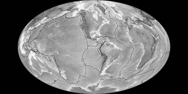 西の経度90度を中心としたゴット等価領域投影における世界地図 グレースケール標高マップ 粒状プレートと地殻プレートの境界とラスターの複合体 3Dイラスト — ストック写真