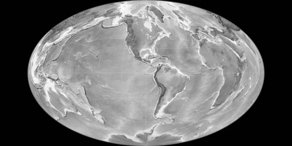 西の経度90度を中心としたゴット等価領域投影における世界地図 グレースケール標高地図 グレースケールとラスターの生の複合体 3Dイラスト — ストック写真