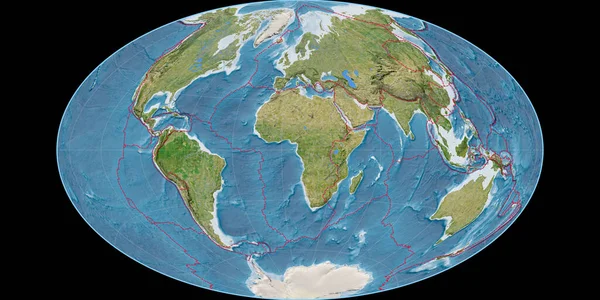 東経11度を中心としたゴットエアラプロジェクションの世界地図 衛星画像B 格子プレートと地殻プレートの境界とラスターの複合体 3Dイラスト — ストック写真