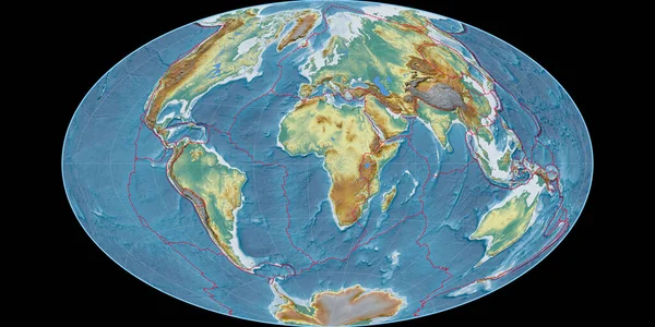 World Map Gott Equal Area Projection 동경도를 중심으로 Topographic Relief — 스톡 사진