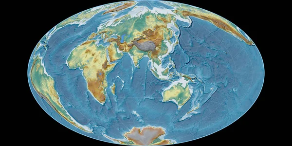 東経90度を中心としたゴット等価領域投影における世界地図 地形図 粒状のラスターの生の複合体 3Dイラスト — ストック写真