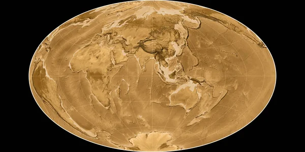 哥特等高线投影的世界地图以东经90度为中心 塞皮亚着色的高程图 光栅与满意的原始复合材料 3D插图 — 图库照片