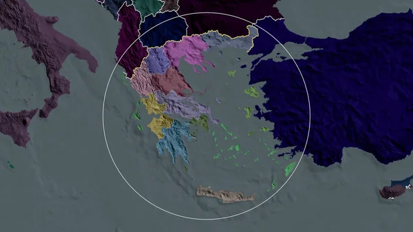 Greece zoomed and circled. Colored and bumped map of the administrative division. 3D rendering