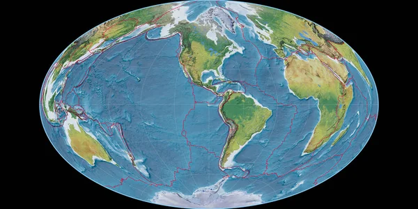 Gott等高线投影中的世界地图以西经90度为中心 主要地貌地貌特征 具有满意和构造板块边界的栅格组合物 3D插图 — 图库照片