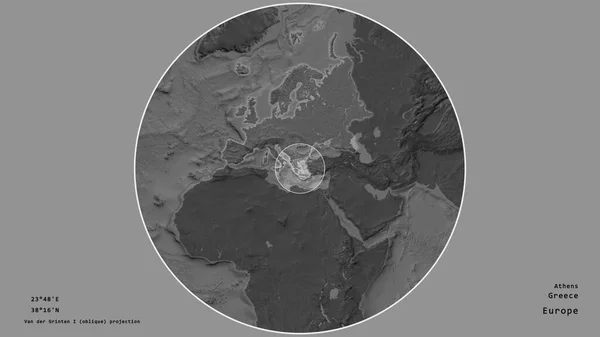 ギリシャの地域は 大陸の大規模な地図上の円で示され 荒廃した背景に対して隔離された 与えられた資本金の地理的条件と名前 標高マップ — ストック写真