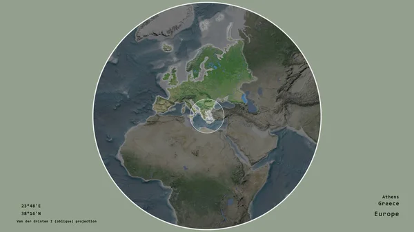 在该大陆的大比例尺地图上 在绝望的背景下 以圆圈为标志的希腊地区 大写的地理推论和名称 卫星图像 — 图库照片