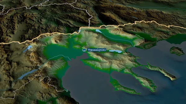 Central Macedonia - decentralized administration of Greece zoomed and highlighted with capital. Main physical landscape features. 3D rendering