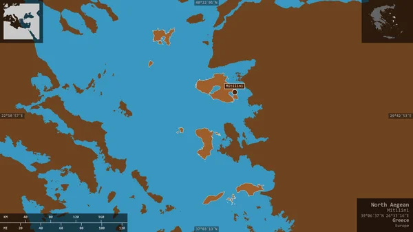 North Aegean, decentralized administration of Greece. Patterned solids with lakes and rivers. Shape presented against its country area with informative overlays. 3D rendering