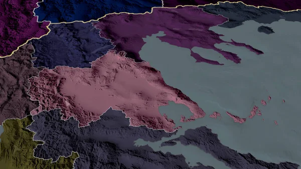Tesalia Zdecentralizowana Administracja Grecji Powiększyła Się Podkreśliła Kolorowa Wyboista Mapa — Zdjęcie stockowe