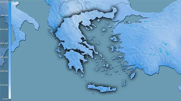 Yunanistan Bölgesinin Soğuk Çeyreğinin Efsanevi Stereografik Projeksiyonla Yağışı Koyu Parlak — Stok fotoğraf