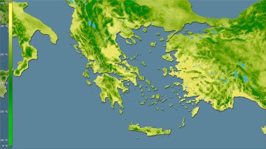 Efsanevi stereografik projeksiyonda Yunanistan 'daki en sıcak ayın en yüksek sıcaklığı - raster tabakalarının ham bileşimi