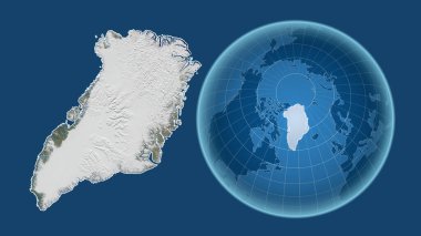 Grönland. Yakınlaştırılmış haritaya karşı ülkenin şekline sahip dünya mavi arka planda izole edilmiş. uydu resimleri