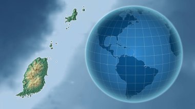 Grenada. Zoom haritasına karşı ülkenin şekline sahip bir dünya. topografik yardım haritası