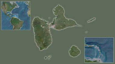 Guadeloupe 'a ve bölgedeki konumuna ve büyük ölçekli bir dünya haritasının merkezine yakın çekim. Uydu görüntüleri