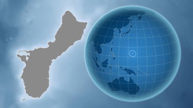 Guam. Zoom haritasına karşı ülkenin şekline sahip bir dünya. Gri tonlama yükseklik haritası