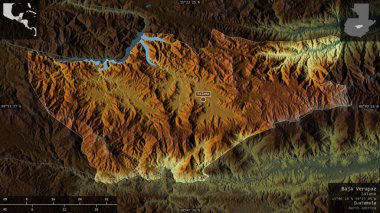 Baja Verapaz, Guatemala Departmanı. Göller ve nehirlerle renkli rahatlama. Ülke alanına karşı bilgilendirici örtülerle sunulan şekil. 3B görüntüleme