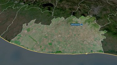 Escuintla - Guatemala departmanı büyümüş ve sermaye ile vurgulanmış. Uydu görüntüleri. 3B görüntüleme