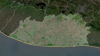 Escuintla - Guatemala Departmanı yakınlaştırıldı ve altı çizildi. Uydu görüntüleri. 3B görüntüleme