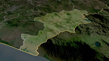 Jutiapa - Guatemala Departmanı yakınlaştırıldı ve altı çizildi. Uydu görüntüleri. 3B görüntüleme