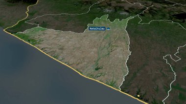 Retalhuleu - Guatemala departmanı büyümüş ve sermaye ile işaretlenmiş. Uydu görüntüleri. 3B görüntüleme