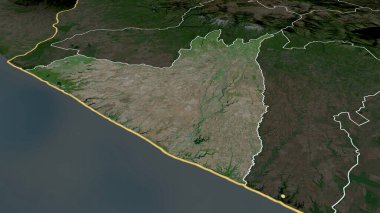 Retalhuleu - Guatemala departmanı yakınlaştırıldı ve altı çizildi. Uydu görüntüleri. 3B görüntüleme
