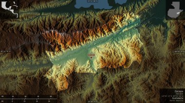 Zacapa, Guatemala Bölümü. Göller ve nehirlerle renkli rahatlama. Ülke alanına karşı bilgilendirici örtülerle sunulan şekil. 3B görüntüleme