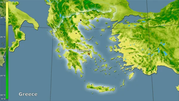 Température Maximale Mois Chaud Dans Zone Grèce Dans Projection Stéréographique — Photo