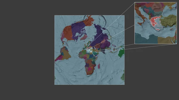 从世界大比例尺地图中提取出的希腊扩大和扩大的地区 其主要线连接了框架的各个角落 行政区划的彩色地图 — 图库照片